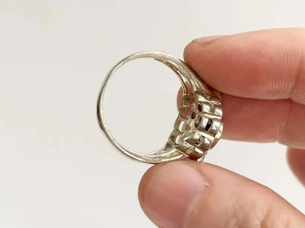 Clear & Blue Topaz Scalloped Multi Gemstone Sterling Silver 925 Vintage Ring - s